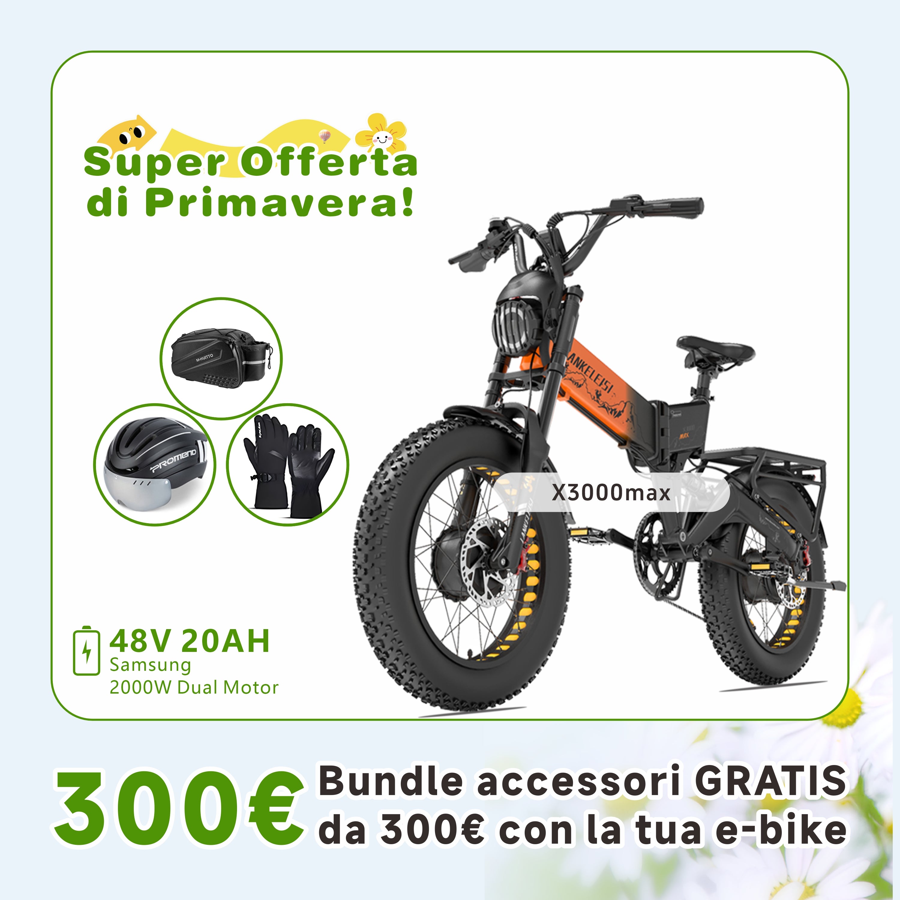 LANKELEISI X3000 MAX 2000W Bicicletta Elettrica a Doppio Motore