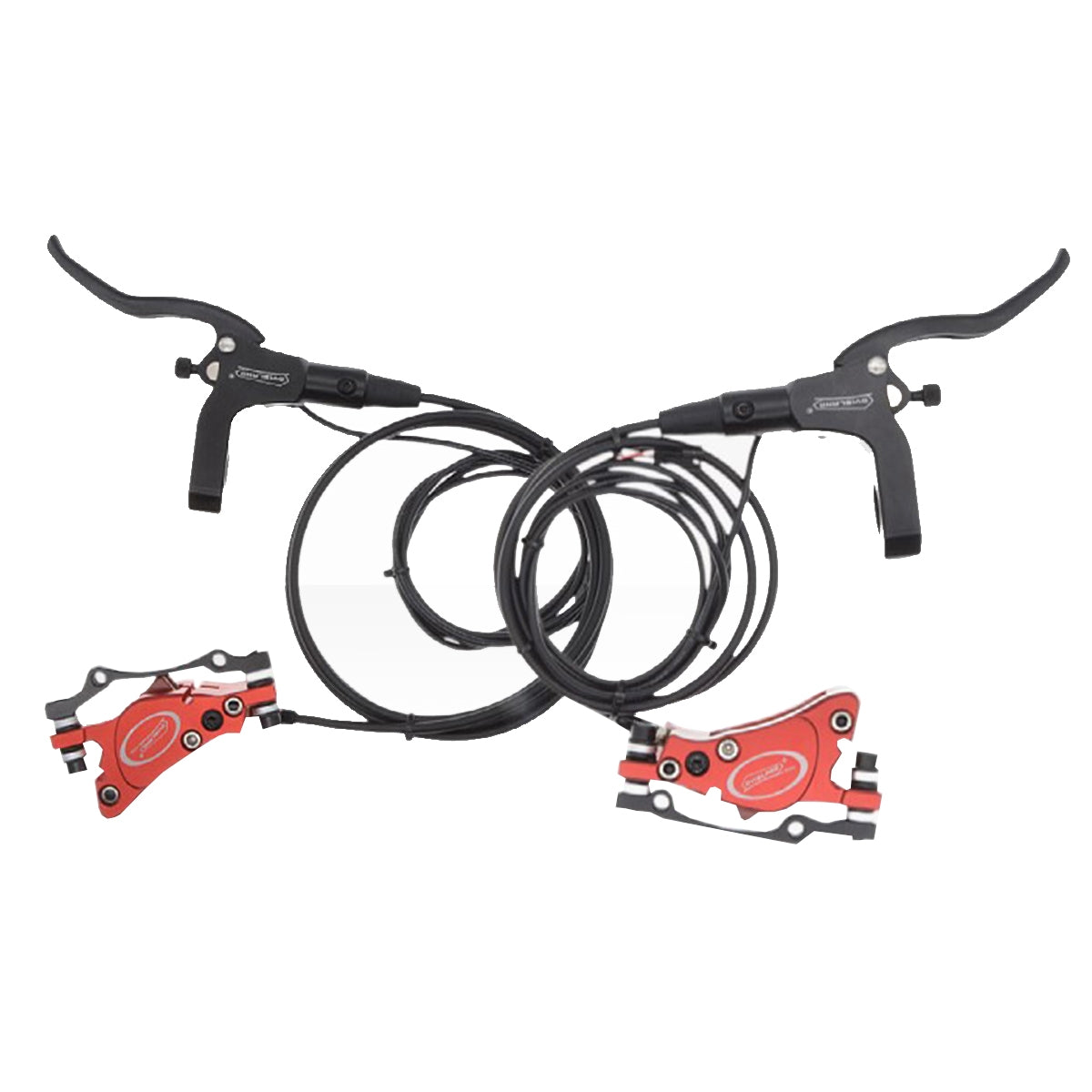 Lankeleisi electric bike hydraulic brake set with levers and calipers, installed on the bike's front and rear wheels.