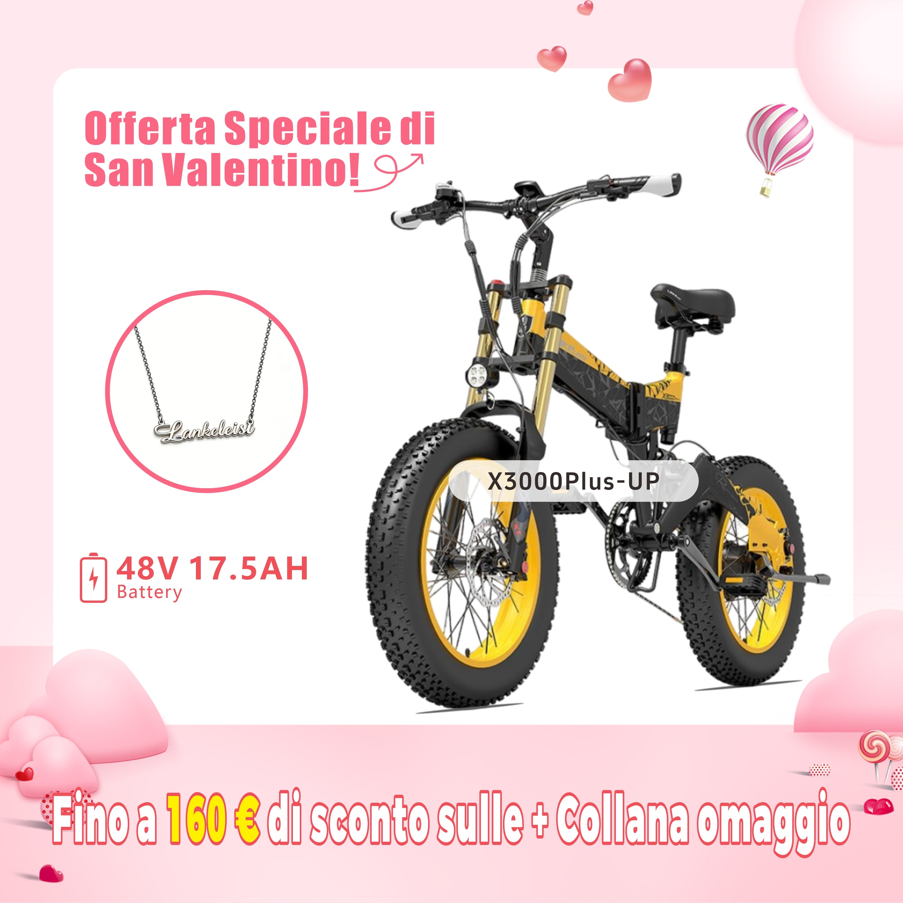 LANKELEISI X3000Plus-UP Bicicletta elettrica da neve con pneumatici grassi