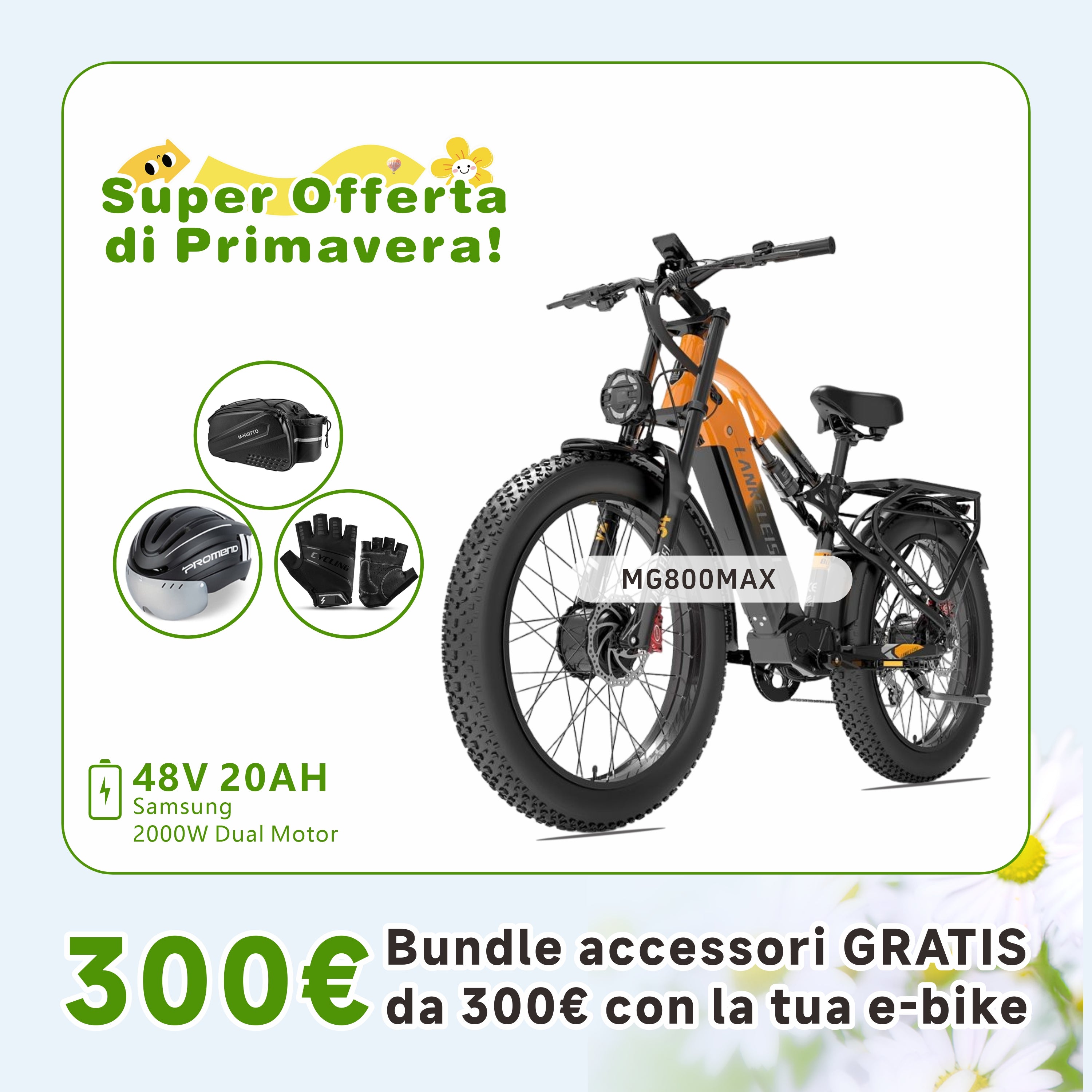 LANKELEISI MG800Max 2000W Doppio Motore 26″ Pneumatici Fat Bici Elettrica All Terrain