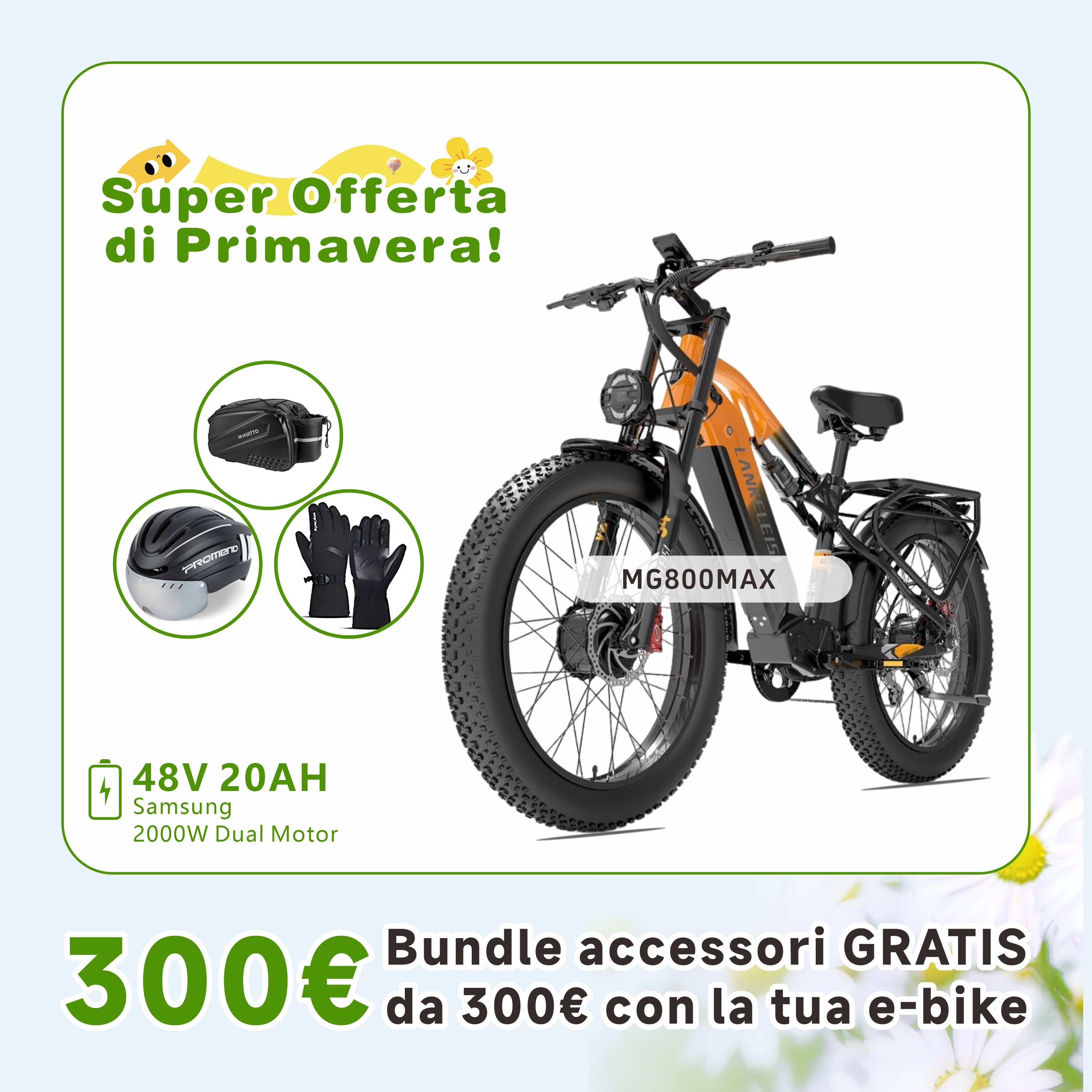 LANKELEISI MG800Max 2000W Doppio Motore 26″ Pneumatici Fat Bici Elettrica All Terrain