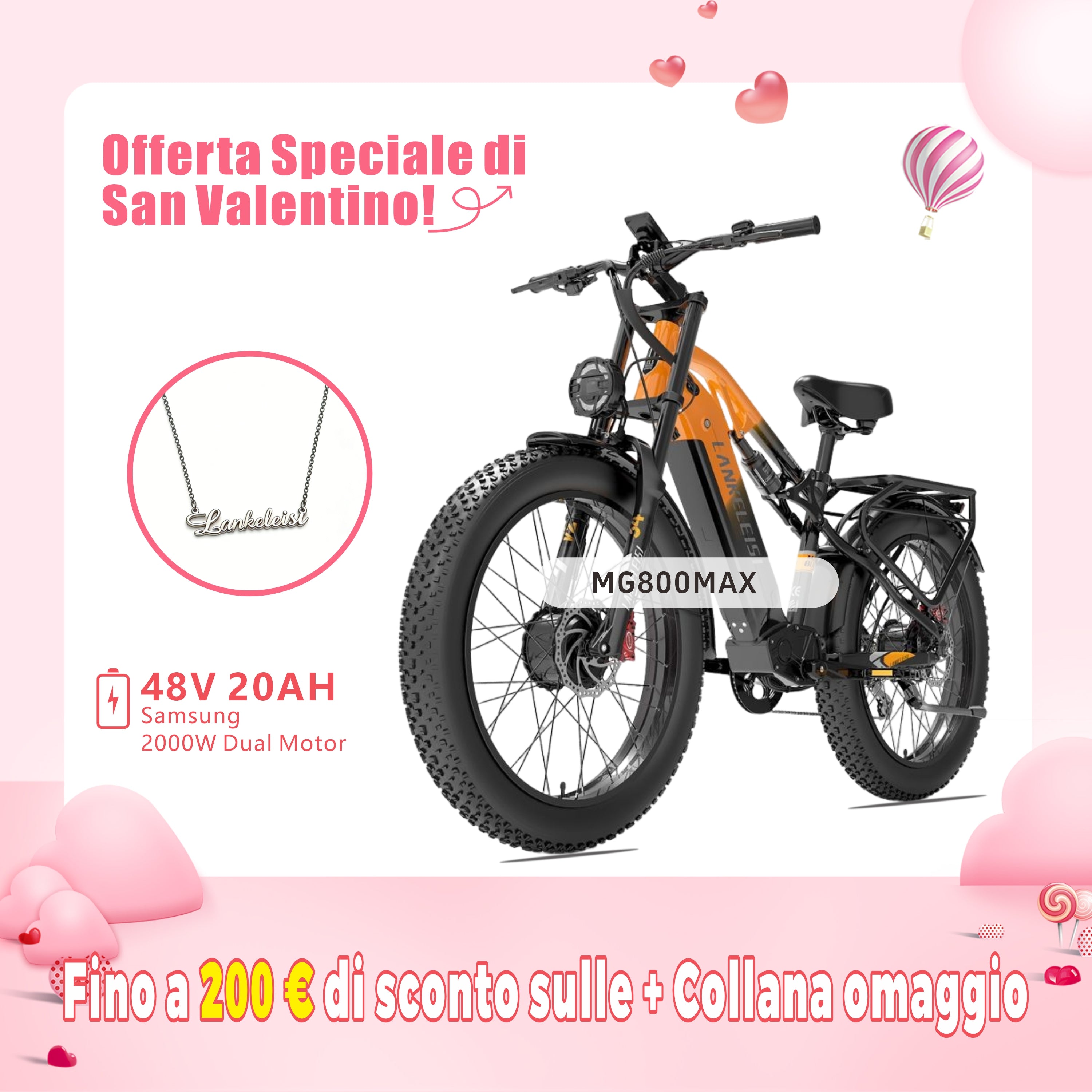 【Pre-vendita】LANKELEISI MG800Max 2000W Doppio Motore 26″ Pneumatici Fat Bici Elettrica All Terrain