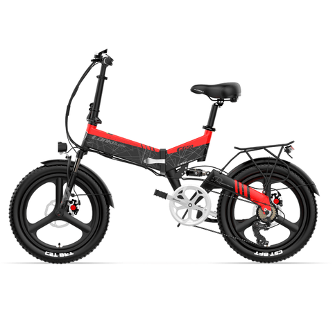 Bicicletta elettrica pieghevole LANKELEISI G650 500W per città, con telaio compatto e design moderno, vista frontale.