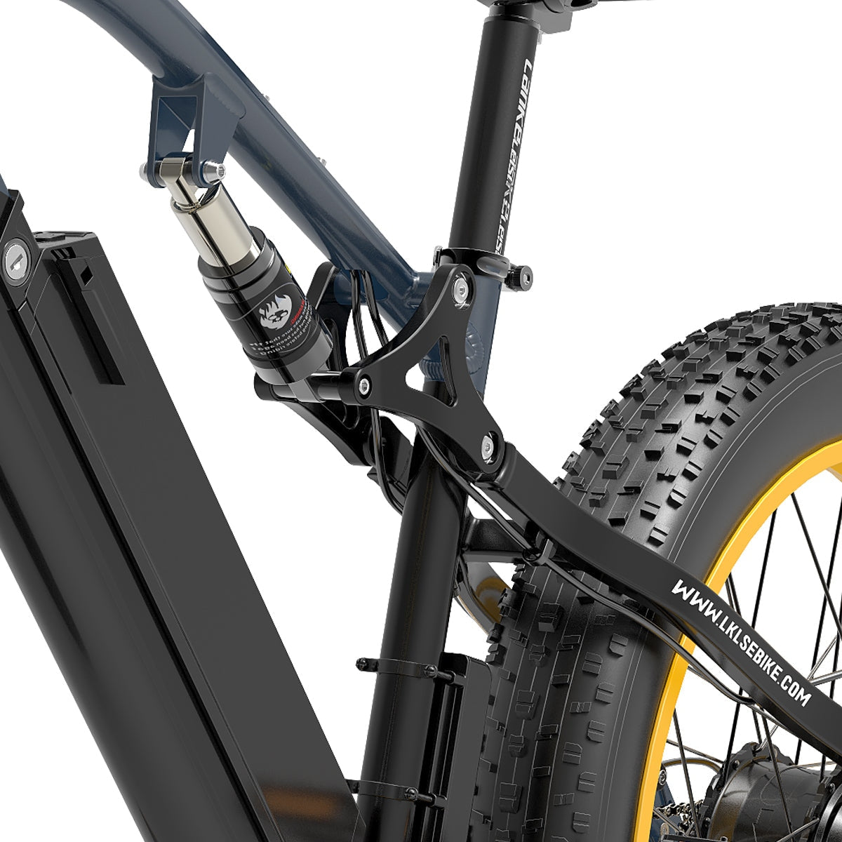 Ammortizzatore posteriore e batteria su bici elettrica fat bike